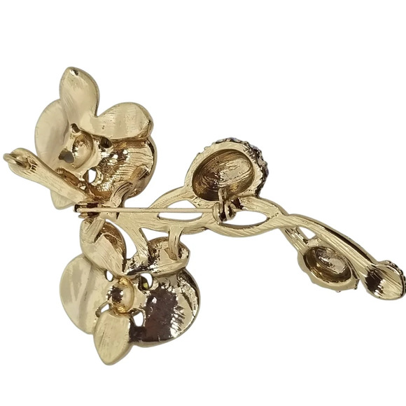 VINTAGE GOLDTONE & AURORA BOREALIS RHINESTONE FLOWERS ON STEM BROOCH - Picture 6 of 7